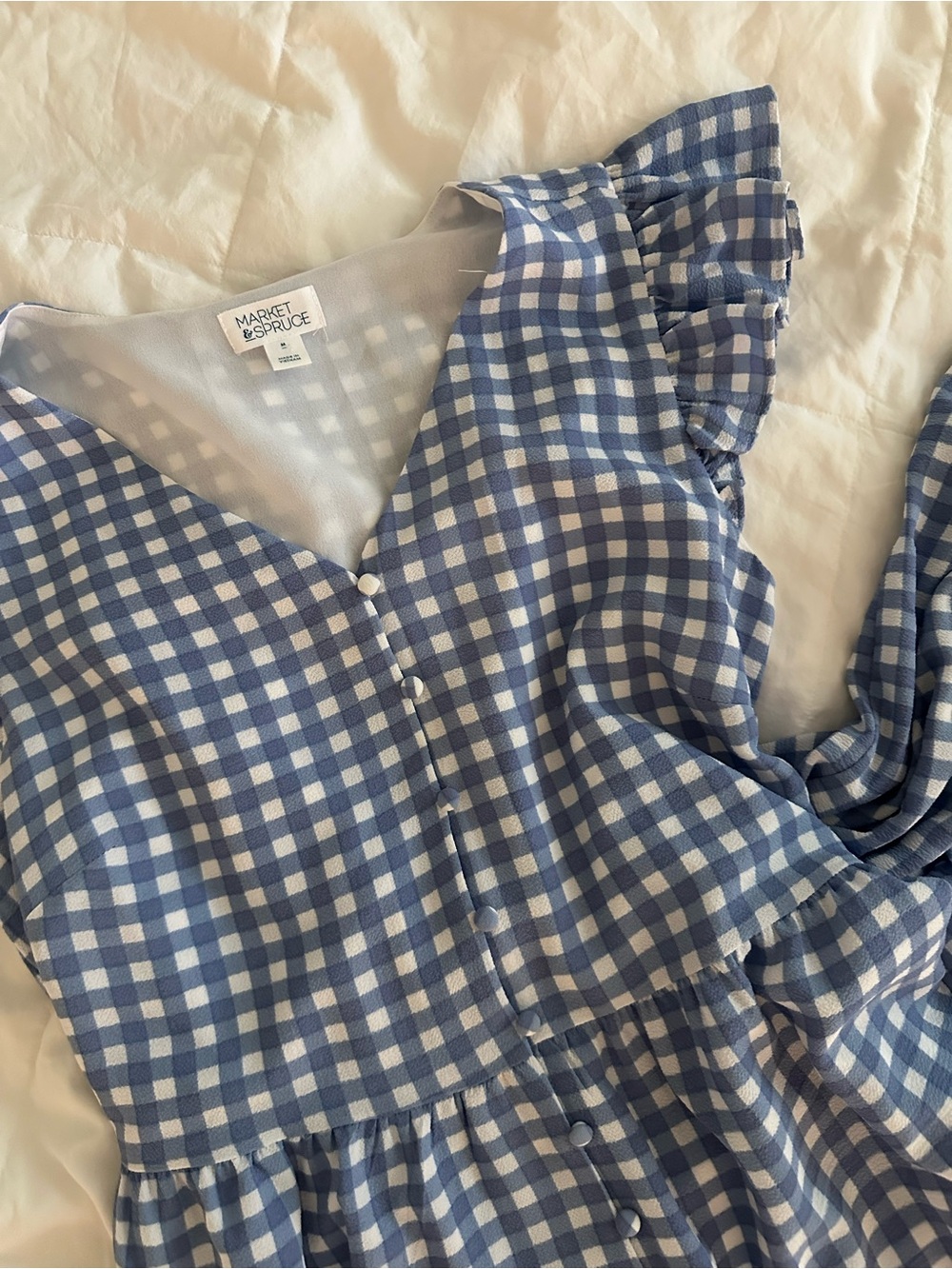 Market & Spruce Blue and White Gingham Ruffle-Sleeve Dress